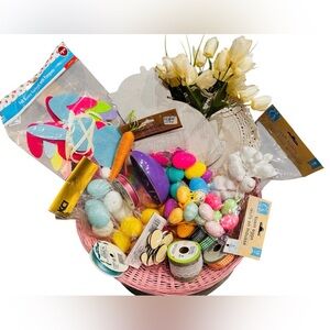 Huge Easter craft lot in 16 in basket eggs bunnies chicks ribbon picks flowers